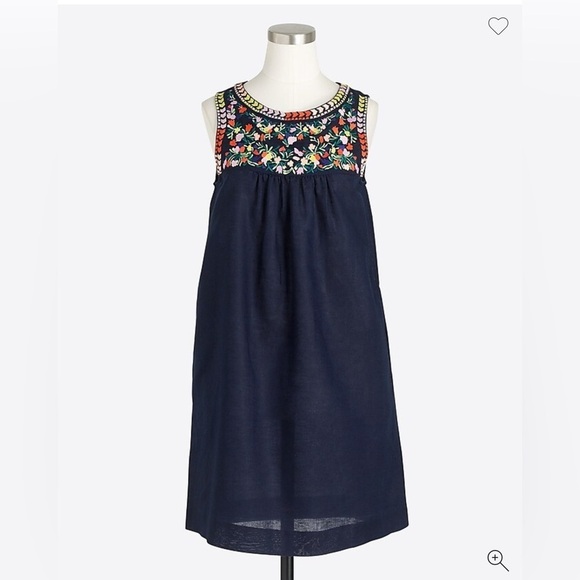 J Crew Linen/Cotton Blend Rainbow Floral Embroidered Navy Blue Dress Size 10 - Picture 3 of 12